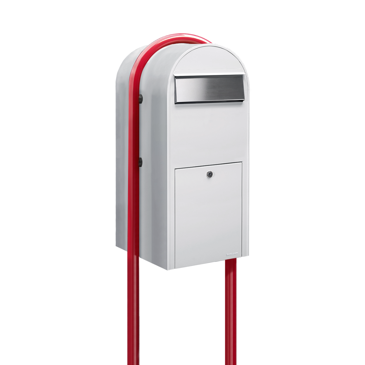 Bobi Jumbo Front Access Package White Mailbox with Stainless Steel Mail Slot and Round Red Post Combo