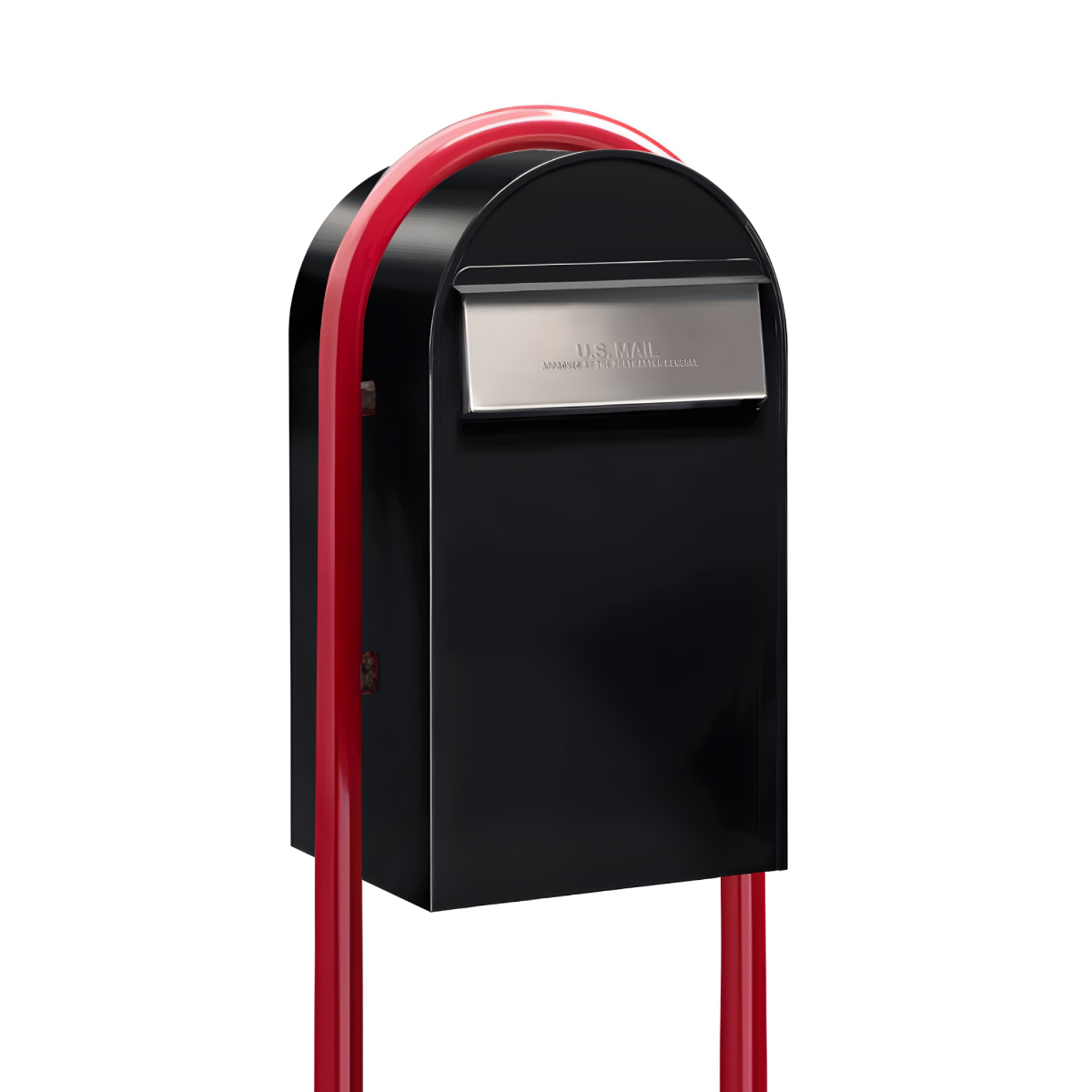 USPS Approved Bobi Grande B Rear Access Modern Locking Black Mailbox with Round Red Post Combo - Stainless Steel Mail Slot – Secure Small Parcel Delivery