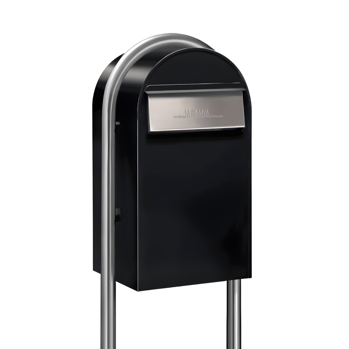 USPS Approved Bobi Grande B Rear Access Modern Locking Black Mailbox with Round Stainless Steel Post Combo - Secure Small Parcel Delivery