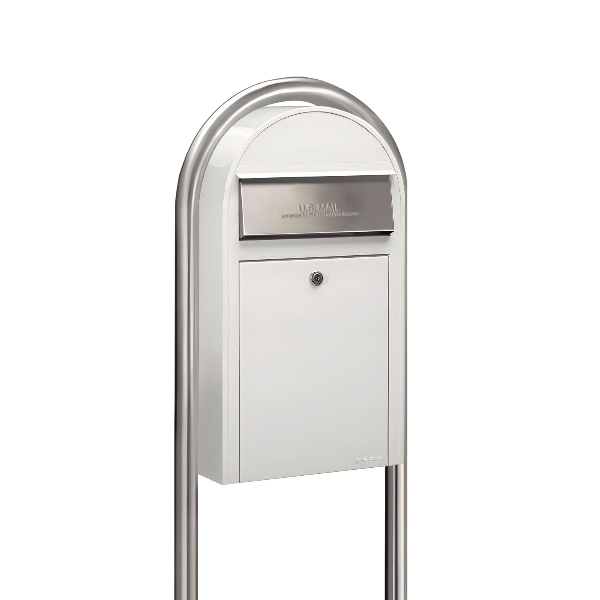 Bobi Grande Slim Front Access White Mailbox with Round Stainless Steel Post Combo