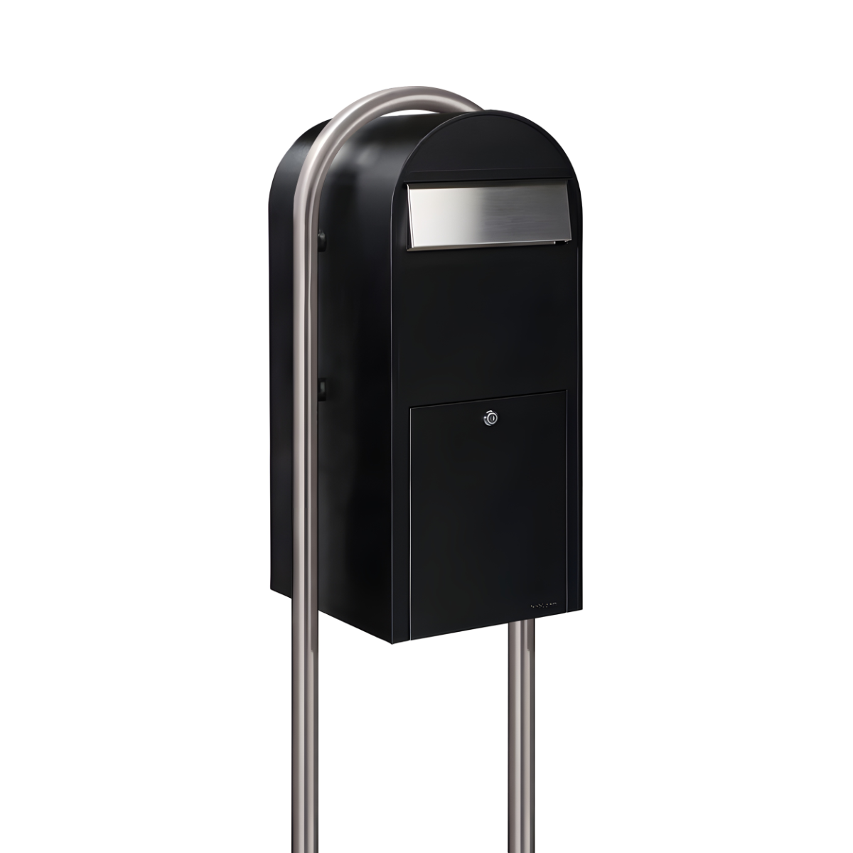 Bobi Jumbo Front Access Package Black Mailbox with Stainless Steel Mail Slot and Round Stainless Steel Post Combo