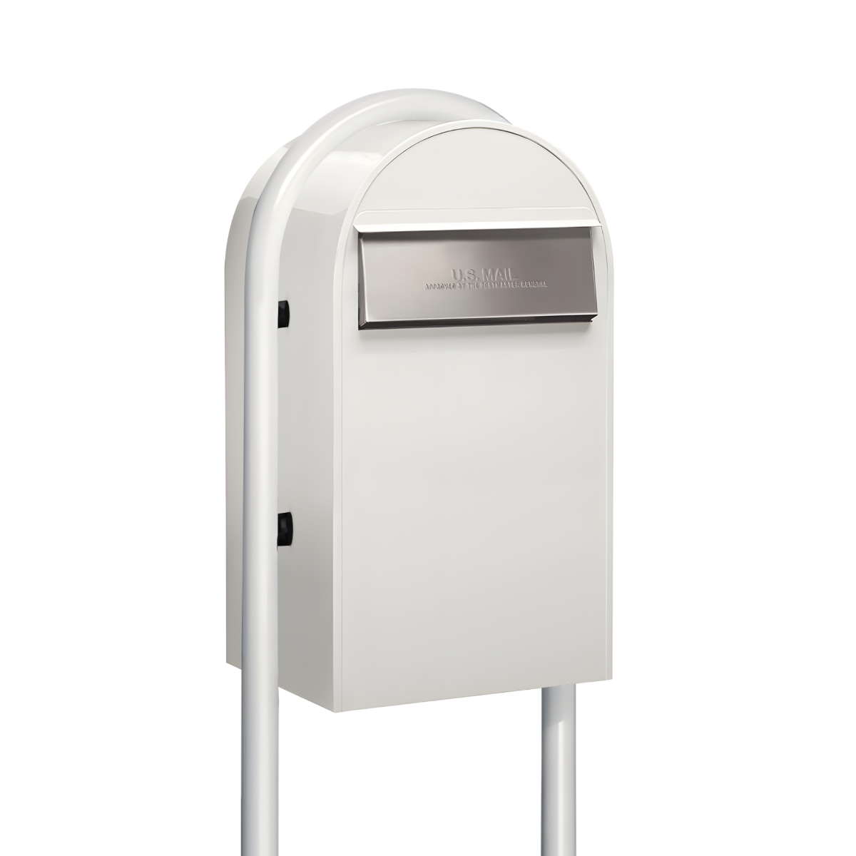 USPS Approved Bobi Grande B Rear Access Modern Locking White Mailbox with Round White Post Combo – Stainless Steel Mail Slot – Secure Small Parcel Delivery