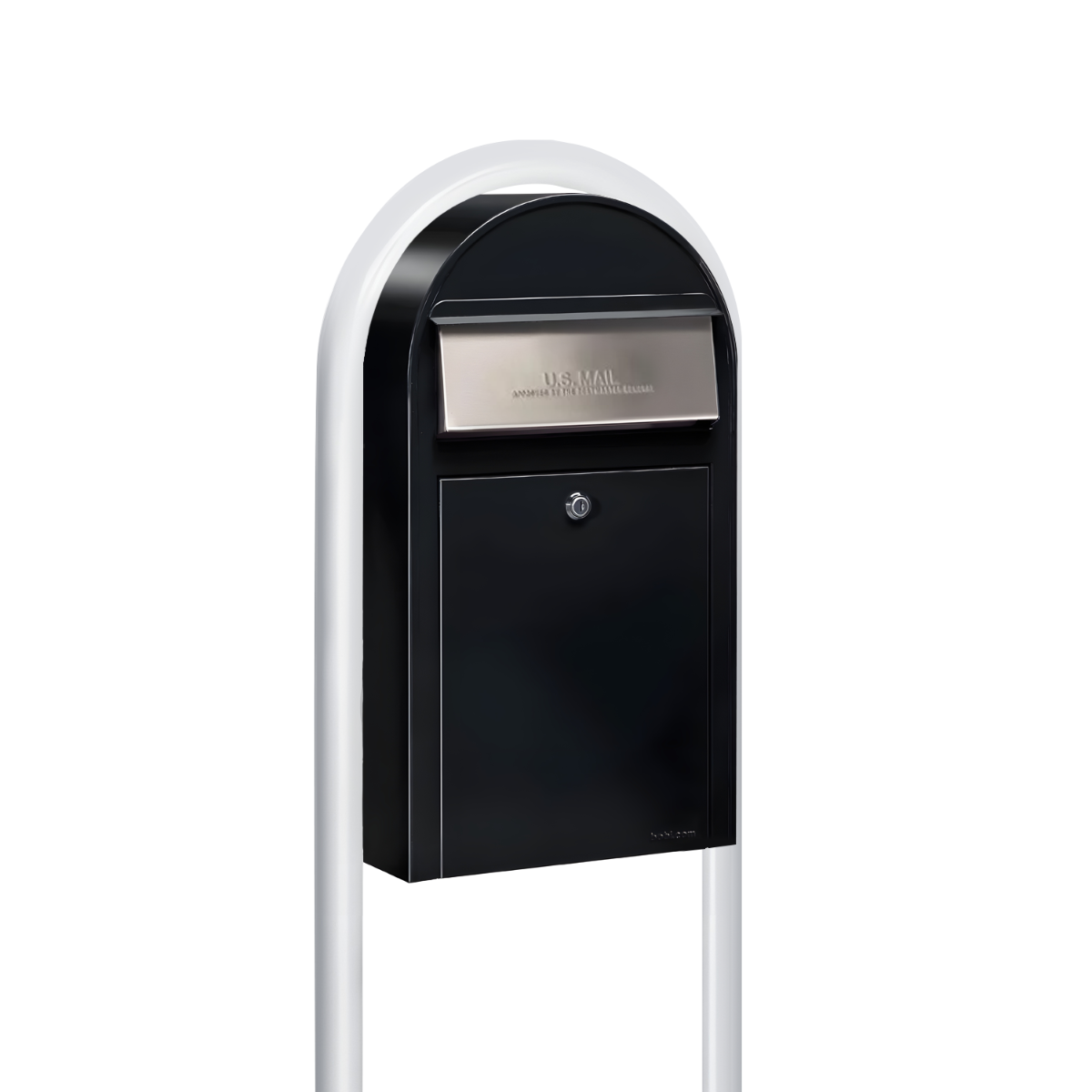 Bobi Grande Slim Front Access Black Mailbox with Stainless Steel Mail Slot and Round White Post Combo