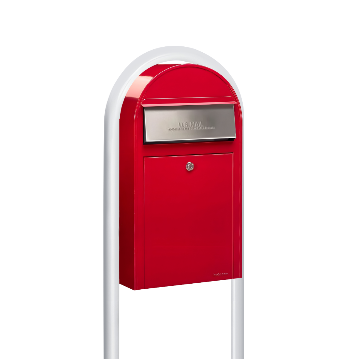 Bobi Grande Slim Front Access Red Mailbox with Stainless Steel Mail Slot and Round White Post Combo