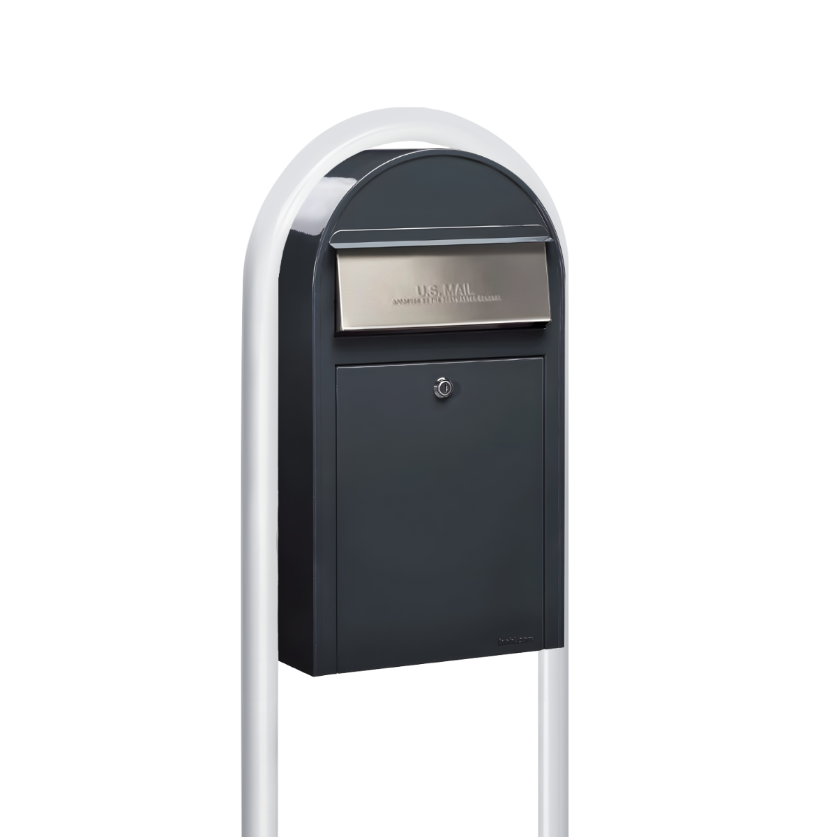 Bobi Grande Slim Front Access Grey Mailbox with Stainless Steel Mail Slot and Round White Post Combo