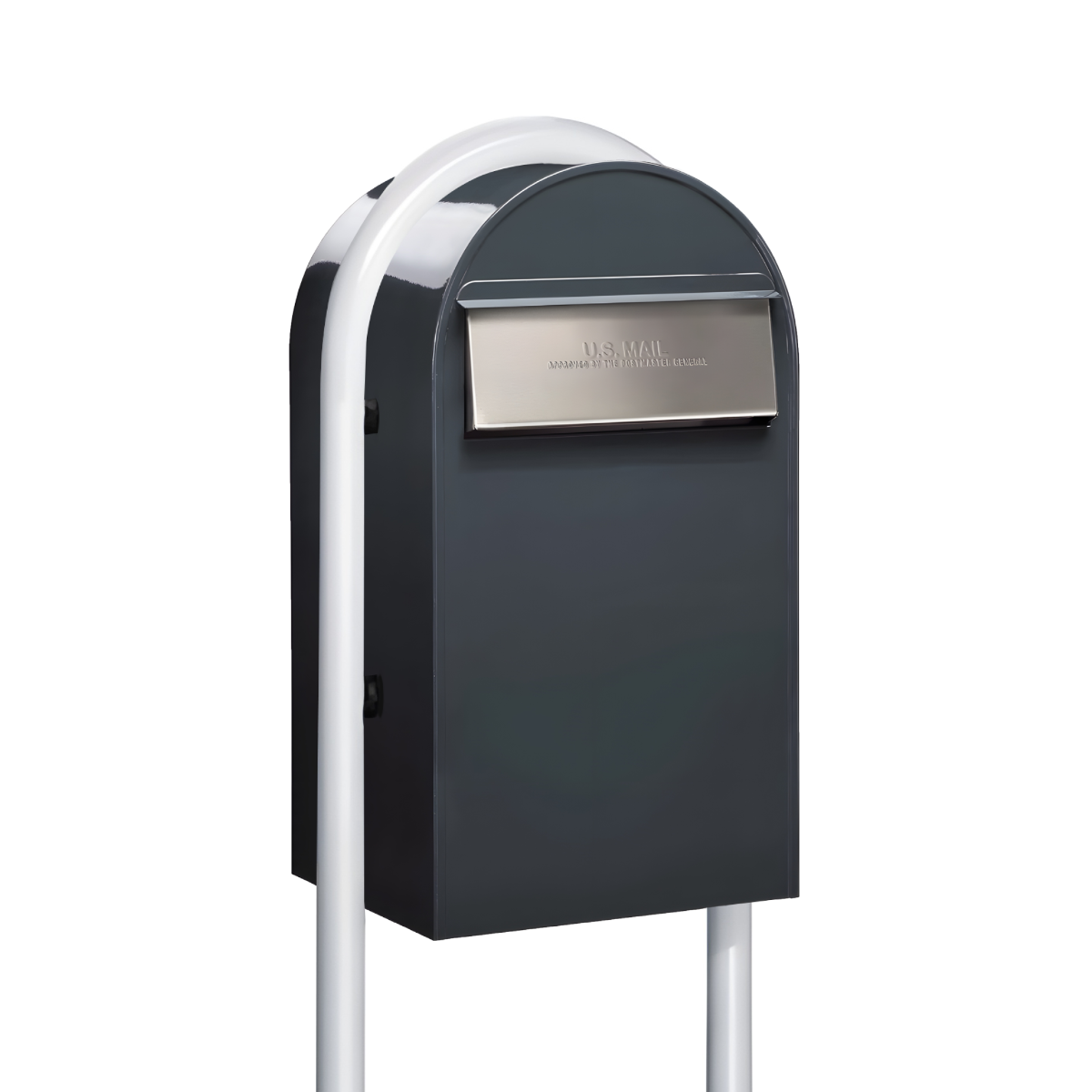 USPS Approved Bobi Grande B Rear Access Modern Locking Grey Mailbox with Round White Post Combo - Stainless Steel Mail Slot – Secure Small Parcel Delivery
