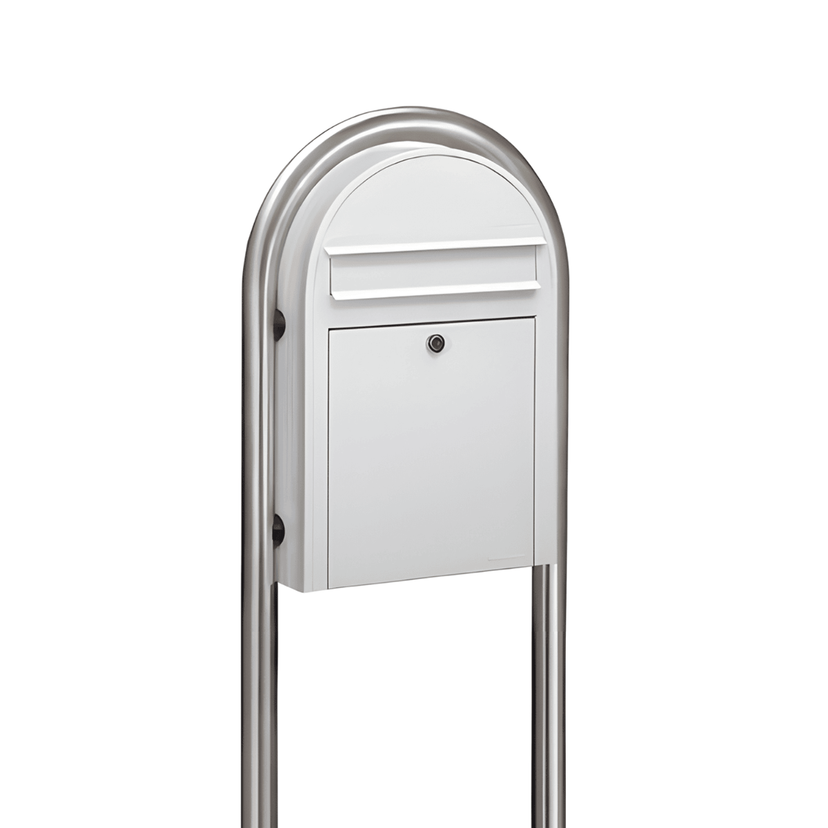 Bobi Classic Slim Front Access Modern Locking White Mailbox and Round Zinc Post Combo