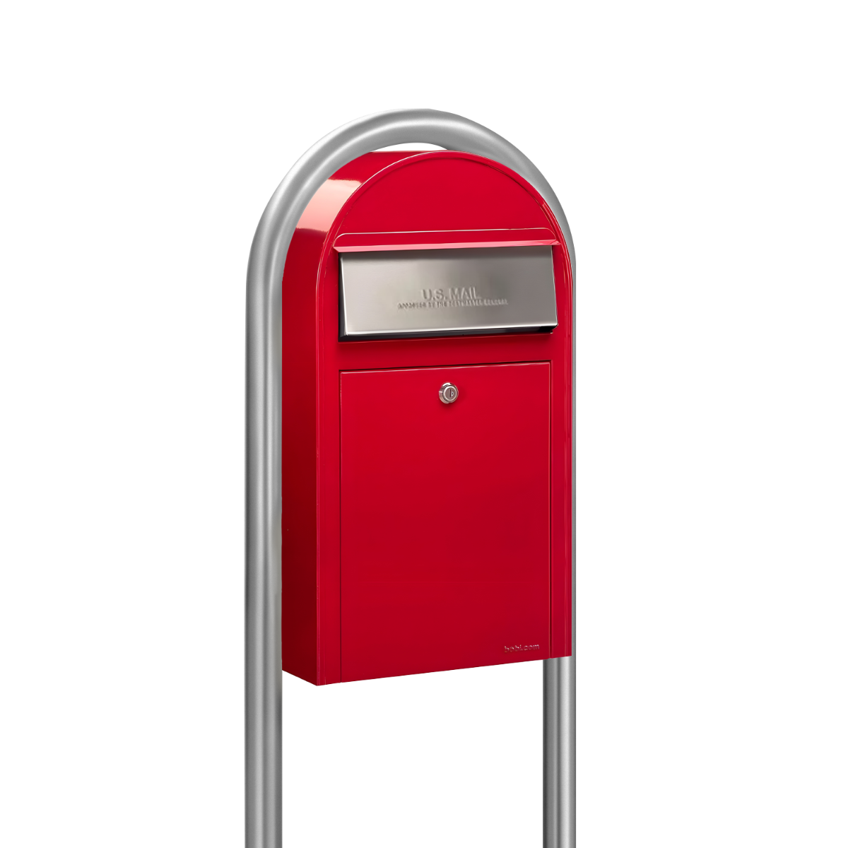Bobi Grande Slim Front Access Red Mailbox with Stainless Steel Mail Slot and Round Zinc Post Combo