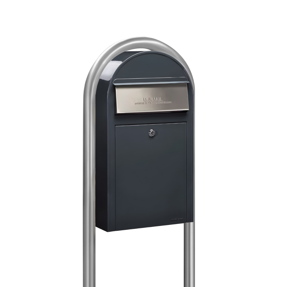 Bobi Grande Slim Front Access Grey Mailbox with Stainless Steel Mail Slot and Round Zinc Post Combo