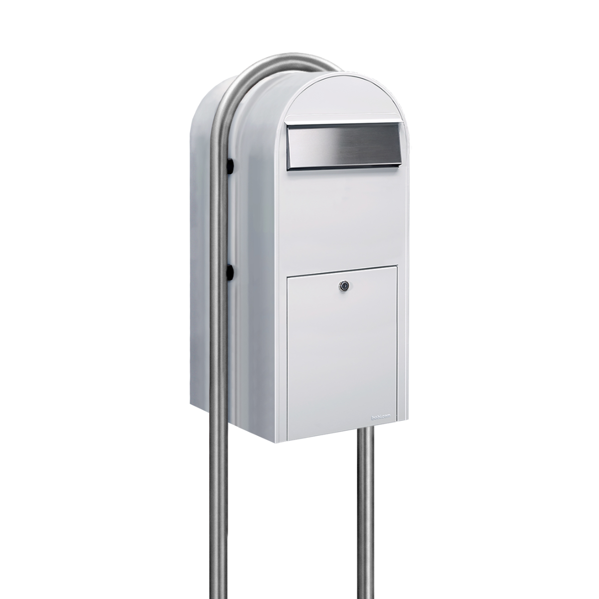 Bobi Jumbo Front Access Package White Mailbox with Stainless Steel Mail Slot and Round Zinc Post Combo